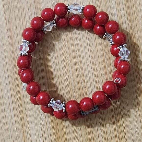 Hand Crafted Wrap Bracelet Bright Red Clear Crystals Black Pave Cross Coil - Picture 2 of 10